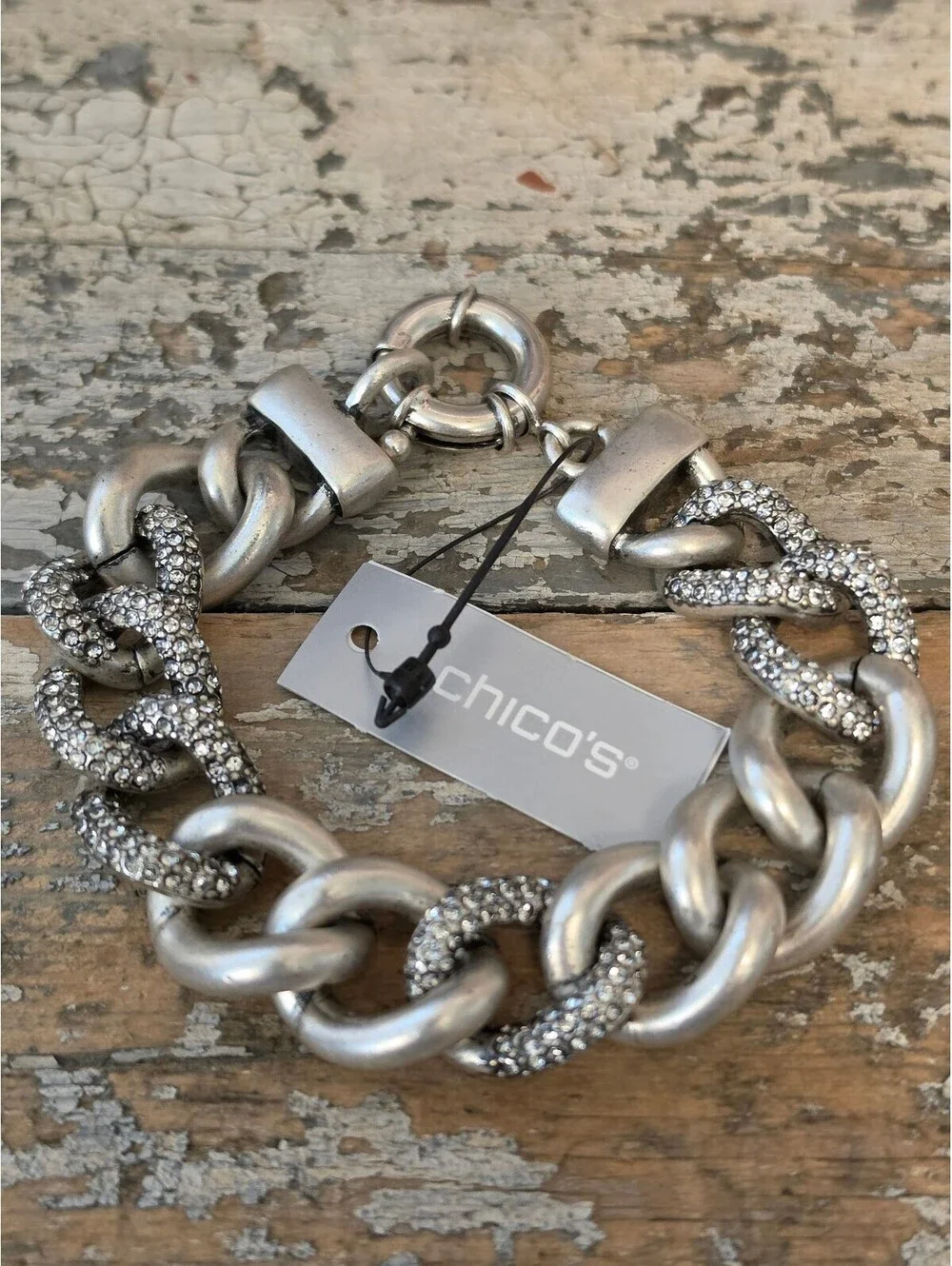Chico's Silver Tone Chunky Chain Bracelet with Textured Links